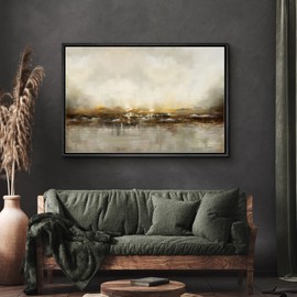 SIGNWIN Framed Canvas Wall Art Dramatic Golden Landscape by The Sea on a Cloudy Day Coastal Ocean Oil Painting Abstract Modern Closeup Relax/Calm for Living Room, Bedroom, Office - 24"x36" Black