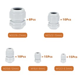LHOEST 58 Piece Cable Gland Set M12 M16 M20 M25 M32, IP68 Cable Grommet Waterproof Adjustable, Strain Relief for Cable, PG Screw Connection Nylon Plastic Cable Grommets