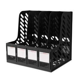 SAYEEC Magazine File Holder Plastic File Organizer for Desk Vertical 4 Compartment Binder Folder for Office Home Storage,Black