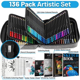 POPYOLA 136 Pack Colored Pencils Set with Portable Case, Art Supplies 120 Colored Pencils for Adults Coloring Books with Sketchbook, Coloring Book, Sharpener, Soft Core Color Pencils for Adults Kids
