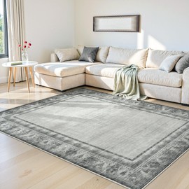 LIVEBOX Washable 5x7 Area Rugs for Living Room, Non-Slip Vintage Bordered Bedroom Rug, Modern Farmhouse Print Rugs for Dining Room, Carpet Rugs for Office Boys Room Decor (Grey,5'x7')