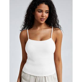 ZeroBound Camisole Built in Shelf Bra Tank Top - Basic Square Neck Halter Tops for Women, Spaghetti Strap Cami Tank Tops for Spring and Summer, Sleeveless White S