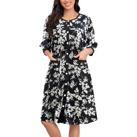Bloggerlove Snap Front Robes for Women Housecoats for Women Print Moo Moos for Women with Pockets Mumu Dresses moomoo Nightgowns for Women Black White Floral M