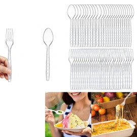200 Plastic Cutlery, 100 Pieces of Each Plastic Forks and Plastic Spoons, Reusable Plastic Cutlery Transparent and Robust Cutlery Sets for Wedding, Party Supplies, Catering(Transparent)