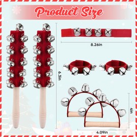 6 Pcs Christmas Handle Sleigh Bells, Include 2 Wooden Hand Bells 2 Sleigh Bells and 2 Wrist Band Bells for Holiday Music, Birthday Gifts, Festive Silver Bells for Christmas Celebration (Red)