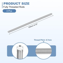 sourcing map 4Pcs M4-0.7x120mm Fully Threaded Rods, Threaded Rods Bar Studs, 304 Stainless Steel Long Thread Screws Hardware for U-Bolts, Anchors, Clamps, Hangers, Silver