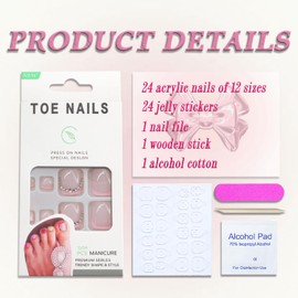Cute Press on Toenails Pink French Tip Fake Toenails Full Cover Rhinestones Square False Toenails with Designs Glossy Short Acrylic False Toes Nails Artificial Beach Toenail for Women Girls 24Pcs