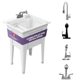 Freestanding Utility Sink with One Handle Black Faucet - 24" Plastic Utility Sink for Garage, Laundry, Indoor and Oudoor Use - Laundry Tub Kit by Noah William Home - White (19.5 gal)