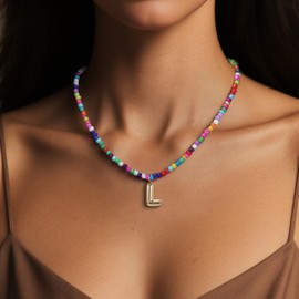Dkodfi Colorful Initial Necklaces for Women – Bubble Letter Necklace - 14K Gold Plated Letter Beaded Choker, Dainty Cute Beach Boho Necklaces for Women Back-To-School Gift Jewelry Colorful Necklace