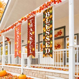 3Pcs Thanksgiving Front Porch Banner Thankful Fall Harvest Porch Sign Grateful Blessed Fall Welcome Hanging Banner Autumn Thanksgiving Door Banner Decorations for Indoor Outdoor Fall Party Decorations