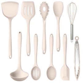 10 Pack Kitchen Utensils Set for Cooking, Leonyo Silicone Cooking Utensils Set, 446°F Heat Resistant Silicone Kitchen Tool with Turner Spatula, Soup Ladle, Serving Spoon for Nonstick Cookware - Khaki