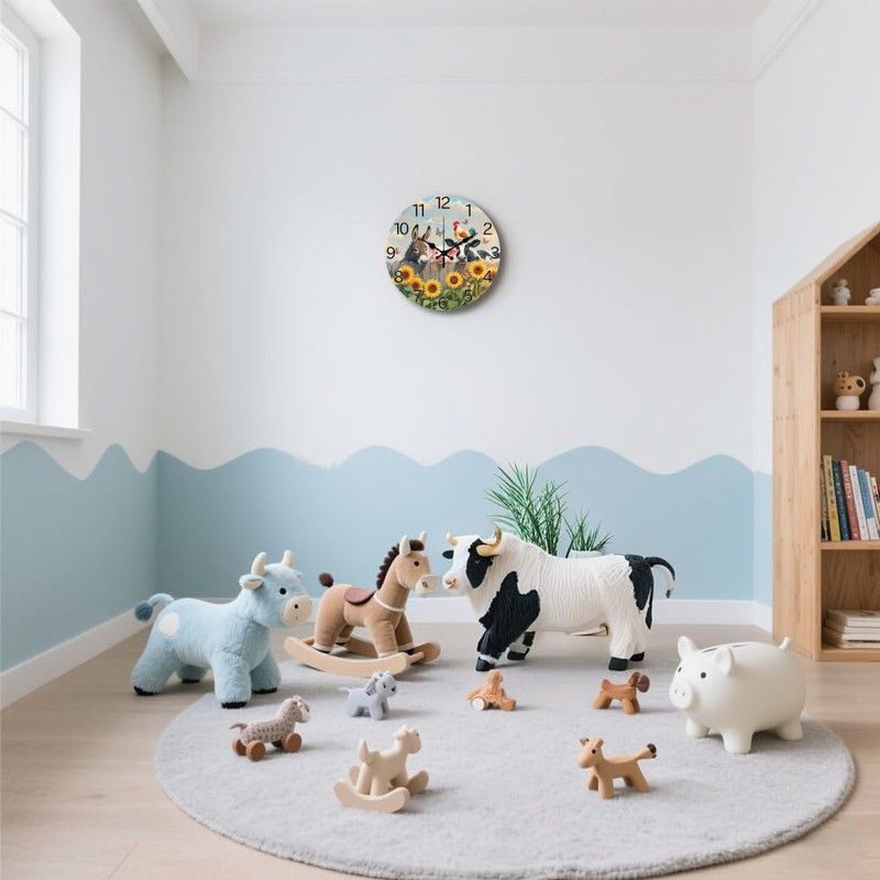 CHGCRAFT Farm Pattern Wall Clock 12 Inch Non-Ticking Clocks Cows