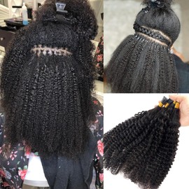 24 Inch Kinky Curly I Tip Extensions Real Human Hair Natural Black Long Curly Hair Extensions Human Hair I Tips for Black Women 50 Strands 50G Cold Fusion Kinky Curly Keratin Tip Remy Hair Extension