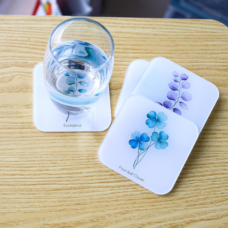 Watercolor Botanical Acrylic Coasters, Double-Sided UV Printed, CNC Polished Edges,