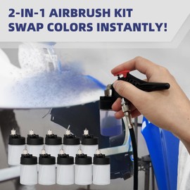 T TOGUSH Single Action Siphon Feed Airbrush with 5pcs of 0.3mm Bottles and 5pcs 0.5mm Bottles, External Mix Airbrush Kit Easily Change Colors, for Model Paint Craft Wall Painting Furniture Repainting
