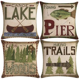 7COLORROOM Set of 4 Vintage Sea Pillow Covers Ocean Style Lake/Forest/Fish Cushion Cover Nautical Beach House Decorative Square Cotton Linen Pillowcases 18 x 18 Inches for Sofa Couch (Forest Sea)