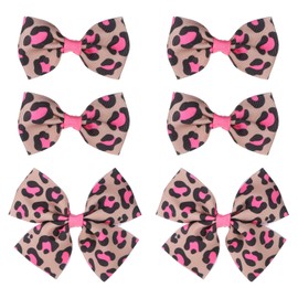 Ptwola 6 Pcs Leopard Silky Satin Hair Bowknot Barrette with Metal Slides Clips Hair Ribbons Ponytail Holder Aesthetic Cheetah Print Costume Accessories for Women Girls Toddlers Teens Kids(Pink)