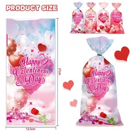 AUOCATTAIL Valentine's Day Cellophane Treat Bags Red Pink Heart Candy Cookie Bags Treats Bags Happy Valentine's Day Patterned Plastic Wrap Gift Bag for Wedding Anniversary Party Supplies 50 Pcs