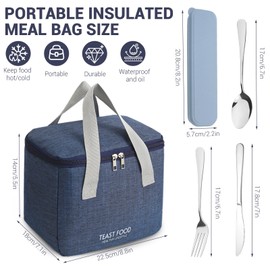 DIYJEP Insulation Lunch Bag with Portable Cutlery Set for Adults Kids Men Women, Leak-Proof Lunch Box Bag,Reusable Heat Cold Preservation Pack Lunch Bag for Lunch Foods Picnic School Work (Blue)