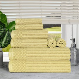 Cotton 8-Piece Solid and Ribbed Towel Set, Face Towels 13” x 13”, Hand Towels 16” x 28”, Bath Towels 27” x 54”, Golden Mist by Superior