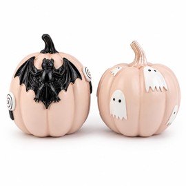 Halloween Decorations Pumpkin Figurines Set of 2, Cute Resin Shelf Mantel Tiered Tray Decor with Bat and Ghost Designs (Pink Pumpkins)