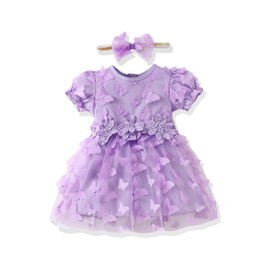 Toddler Dresses 12-18 Months Summer Infant Tutu Dresses for Baby Girls Purple Puff Sleeve Butterfly Dress Tulle Birthday Princess Party Dresses 12-18 Month Girl Clothes