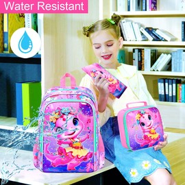 3PCS Dinosaur Backpack for Girls, 16'' Kids Preschool Bookbag with Lunch Box, Cute Water Resistant School Backpacks Set for Elementary Kindergarten