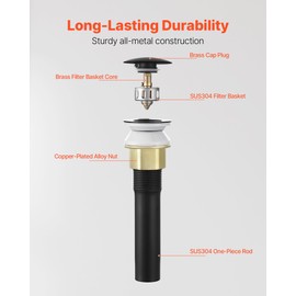 VEVOR Bathroom Sink Drain with Overflow, Brass and 304 Stainless Steel Pop Up Drains, Anti-Clogging Vessel Sink Drain Strainer, All Metal Hair Catcher Drains Stopper, for Sinks with Overflow Holes