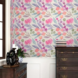 REDAMANCY Watercolor Pink Flowers Purple Leaf Plants Vintage Botanical Peel and Stick Wallpaper Stick on Contact Paper Vintage Wall Paper Easy Peel Off for nightstand Drawer Cabinet Renter