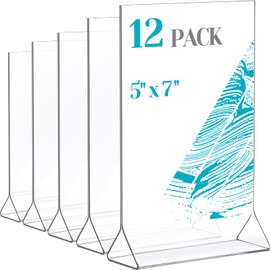 12 Packs Acrylic Sign Holders Clear Vertical Picture Frames Plastic Desktop Sign Display Stand Restaurant Menu Holder Flyer Holder Double Sided Table Stand for Wedding Office School (5 x 7 Inches)