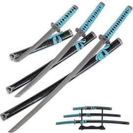 Armory Replicas Set of 3 Japanese Replica Swords Katana, Wakizashi, Tanto with Display Stand - Blue