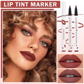 ZHISHUDL 2PCS Lip Tint Stain Marker Dark Red Matte Liquid Lipstick & Lip Liner Pencil Long Lasting Waterproof Lip Liner Stain Non-Stick Cup Lip Makeup Stain Liner Marker + 01Dark Red + 06 Cherry Red