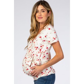 PinkBlush Ivory Floral Wrap Fitted Maternity/Nursing Top
