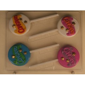 "Congratulations" on a Scroll with Scattered Stars on Round Shape Lollipop Candy Mold G019