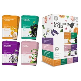 Pack of 20 Happy Skin Sheet Face Masks for all Skin Types | Over 1 Million Sold | x5 Detoxifying Charcoal | x5 Brightening Rose & Green Tea | x5 Lavender & Chamomile | x5 Vitamin C Orange & Ginger