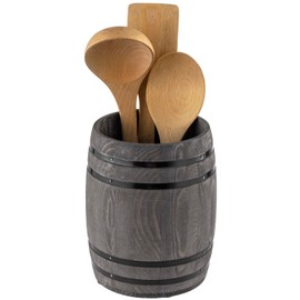MyGift Wine Barrel Design Kitchen Utensil Crock, Vintage Gray Solid Wood Cooking Tool Holder