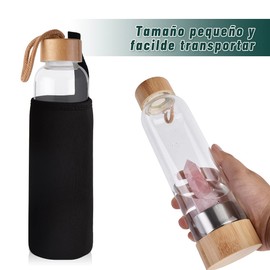 Botella De Agua,Botellas De Cuarzo Natural Rosa,Botella Con Cuarzos 550Ml,Tapa de bambú con manga de copa,Antigrietas,tener energía，Piedra Curativa,Relaja,Elimina La Irritabilidad.