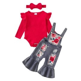 Himllauen Baby Girls Flower Print Outfit Baby Girls 3Pcs Long Sleeve Crew Neck Romper + Flared + Headband Sets for Baby Fall Winter (Red, 3-6 Months)