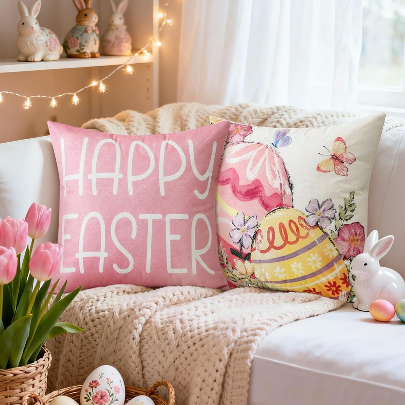 Artscope Happy Easter Rabbit Eggs Throw Pillow Covers 18x18 Inch