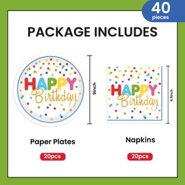 40Pcs Birthday Party Supplies Paper Plates and Napkins, Colorful Polka Dot Themed Dinner Plates Napkins Disposable Tableware Set for Birthday Party Decorations Serve 20