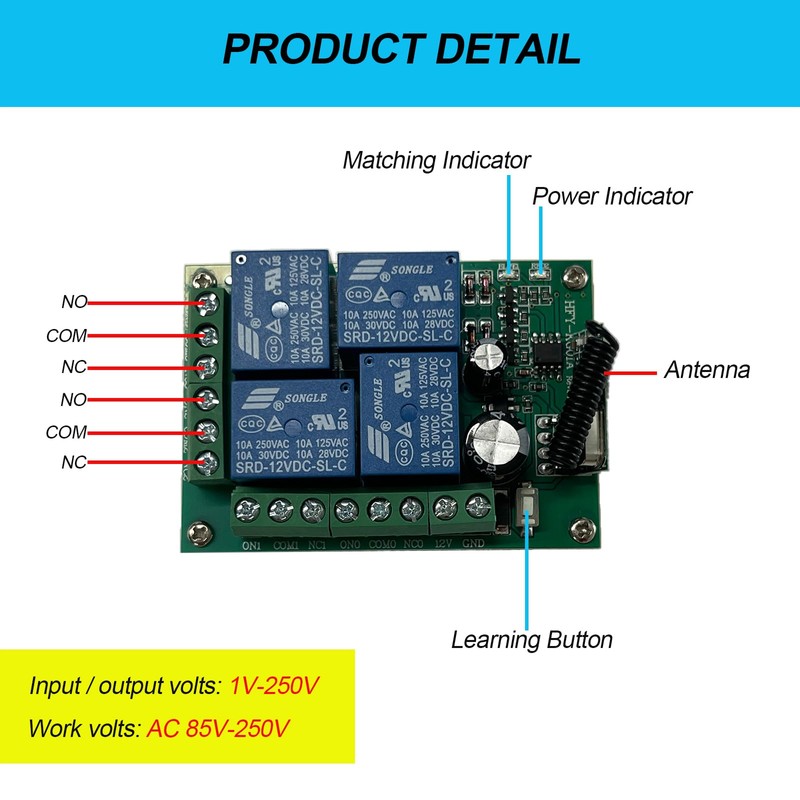 Bkiyougo 433MHz 12V 10A 4CH Wireless Remote Control Switch, DC