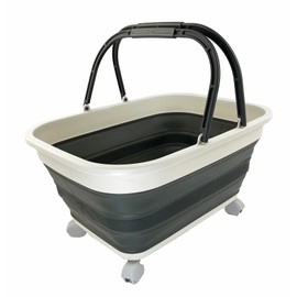 SAMMART 26L (6.8 Gallons) Collapsible Plastic Laundry Basket with Handle & Wheels-Foldable Pop Up Storage Container/Basket with Handle and Wheels-Portable Washing Tub (Grey/Washed Black)