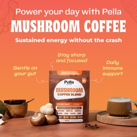 Pella Nutrition Organic Mushroom Instant Coffee (60 Servings) with 7 Superfood Mushrooms, Great Tasting, Includes Lion's Mane, Reishi, Chaga, Cordyceps, Shiitake, Maitake, and Turkey Tail