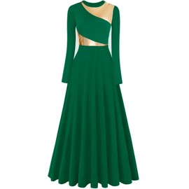 ZYACTU Long Sleeve Praise Dance Dress for Women Metallic Liturgical Worship Dance Costumes Lyrical Costume Church Robe Tag L-Dark Green, Large