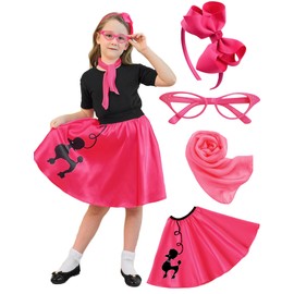APRROOT 50s Outfit for Girls Decades Day Outfits Kids Girls Poodle Skirts 50s Costume with Headbands, Glasses, Scarves 4-6Y Hot Pink S