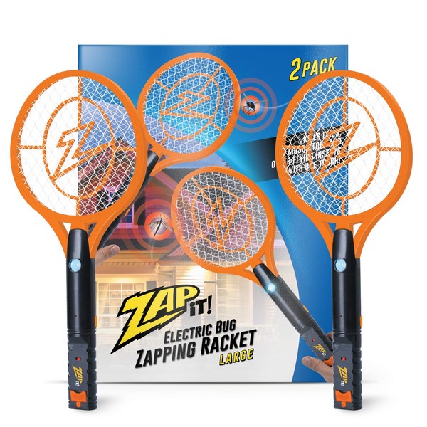 ZAP iT! Electric Fly Swatter Racket & Mosquito Zapper - High Duty 4,000 Volt Electric Bug Zapper Racket - Fly Killer USB Rechargeable Fly Zapper Indoor Safe - 2 Pack (Large, Orange)