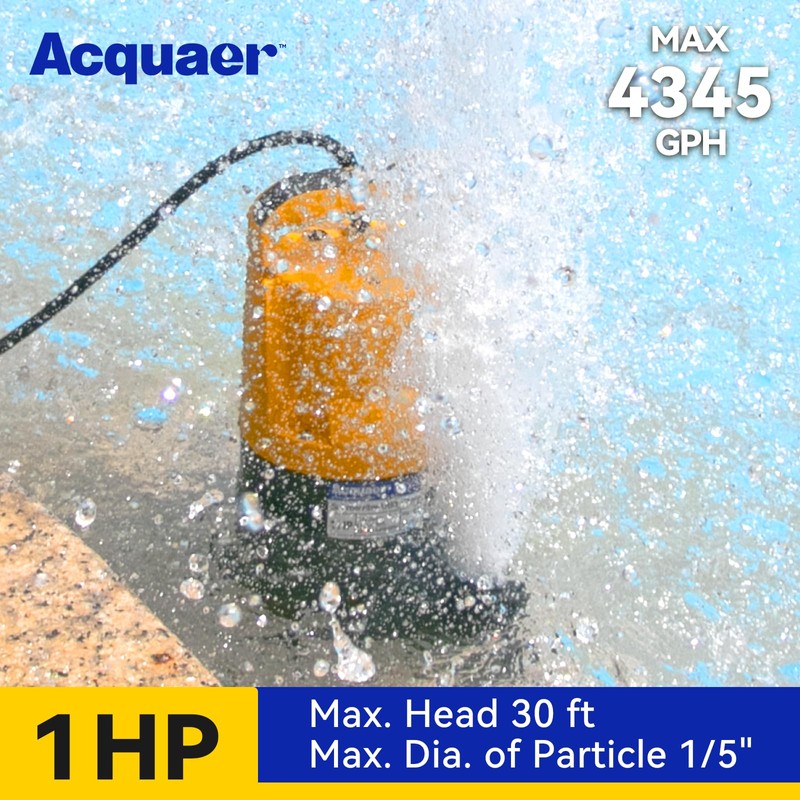 Acquaer 1HP Sump Pump, 4345GPH Submersible Water Pump for Water