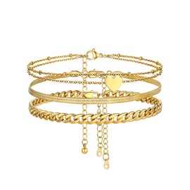 FOCALOOK Gold Ankle Bracelets for Women Stainless Steel Layered Foot Chains Anklets 3PCS Ankle Chians Set Summer Beach Bracelets Adjustable Gold Plated Leg Bracelets 8.5-10.5inch