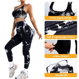 2 Piece Workout Sets for Women Seamless Workout Suit with Zip Bra Butt Lifting Leggings Waist Yoga Leggings Sets (Black&White L)