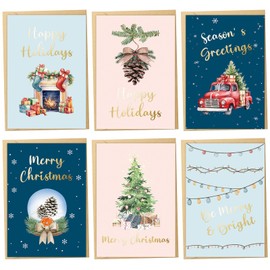 Spercy 24 Gold Foiled Christmas Cards With Envelopes, 6 Assorted Designs Boxed Holiday Cards, Festive Holiday Cards Assortment, Xmas Greeting Cards And New Year Cards Bulk
